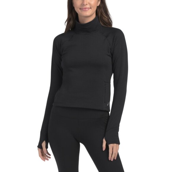 ASICS Black Long Sleeve Mock Neck Grid Fleece Top - Picture 1 of 2